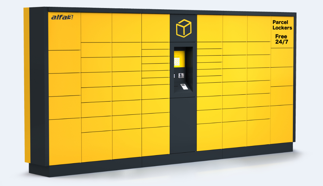 Skříňový systém pro automatizovaný výdej zásilek s dotykovou obrazovkou a platebním terminálem