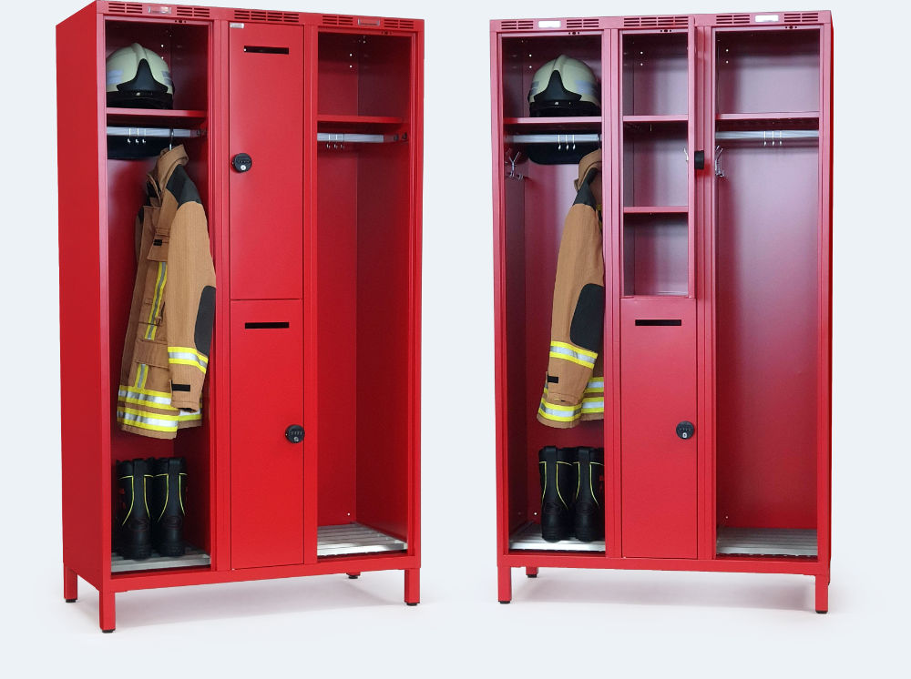 Speciální šatní skříň pro hasiče s úložným prostorem pro zásahový i civilní oděv