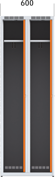 dvoudveřová kovová šatní skříňka s otevřenými dveřmi, pohled na vnitřní uspořádání