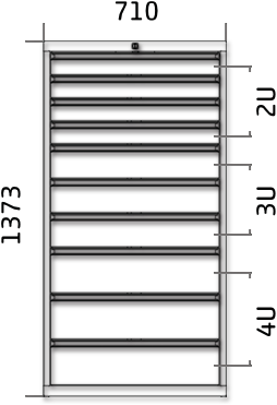 Dílenská zásuvková skříň 1373 x 710 x 600 - 10x zásuvka výkres celkového provedení