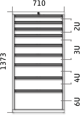 Dílenská zásuvková skříň 1373 x 710 x 600 - 9x zásuvka výkres celkového provedení