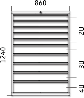 Dílenská zásuvková skříň 1240 x 860 x 600 - 10x zásuvka výkres celkového provedení
