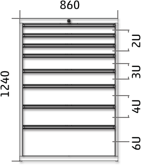 Dílenská zásuvková skříň 1240 x 860 x 600 - 8x zásuvka výkres celkového provedení