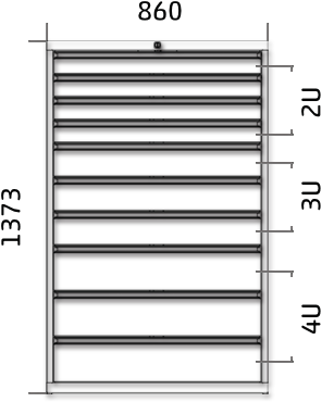 Dílenská zásuvková skříň 1373 x 860 x 600 - 10x zásuvka výkres celkového provedení