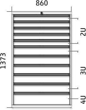 Dílenská zásuvková skříň 1373 x 860 x 600 - 11x zásuvka výkres celkového provedení