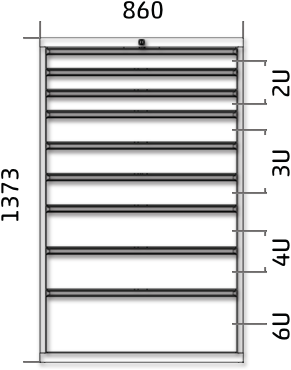 Dílenská zásuvková skříň 1373 x 860 x 600 - 9x zásuvka výkres celkového provedení