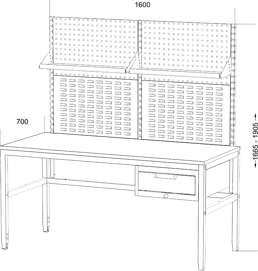 Pracovní stůl ALGERS - 1665 - 1905 x 1600 x 700 mm - kontejner - perfo - police výkres