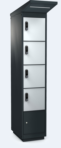 Nabíjecí sestava pro elektrokola - 4x dveře – LED - Moderní nabíjecí sestava ALFA 3 pro 4 elektrokola – odolná venkovní konstrukce s LED osvětlením a bezpečnými zámky