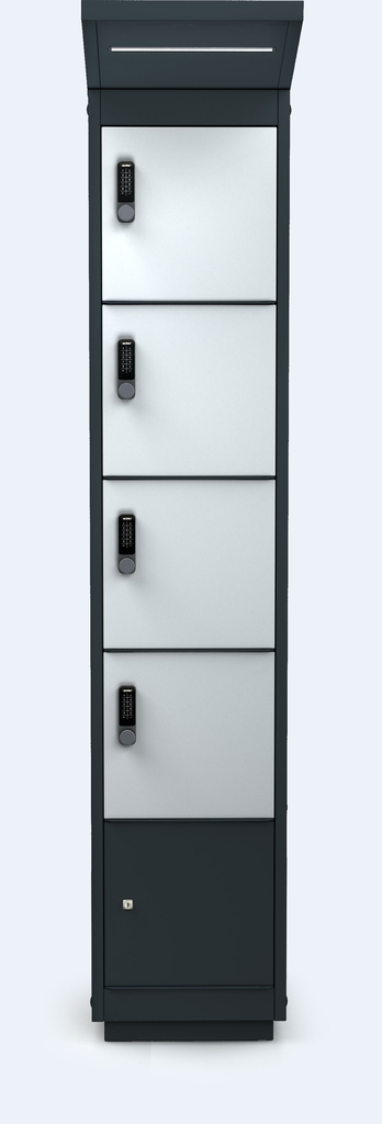 Nabíjecí sestava pro elektrokola - 4x dveře – LED - Nabíjecí sestava pro 4 elektrokola – venkovní ocelová skříň s uzamykatelnými boxy a integrovaným LED osvětlením