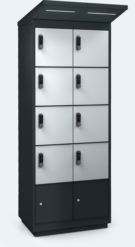 Nabíjecí sestava pro elektrokola - 8x dveře - LED - Moderní nabíjecí sestava ALFA 3 pro elektrokola – odolná venkovní konstrukce s LED osvětlením a bezpečnými zámky