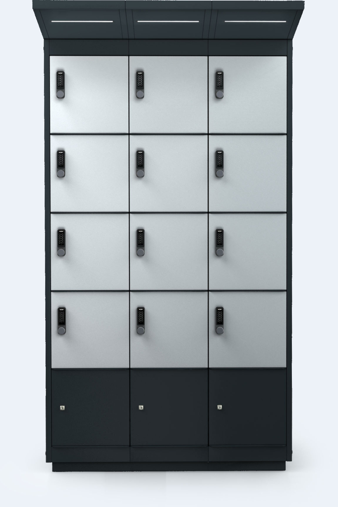 Nabíjecí sestava pro elektrokola - 12x dveře - LED - Nabíjecí sestava pro elektrokola – venkovní ocelová skříň s uzamykatelnými boxy a integrovaným LED osvětlením